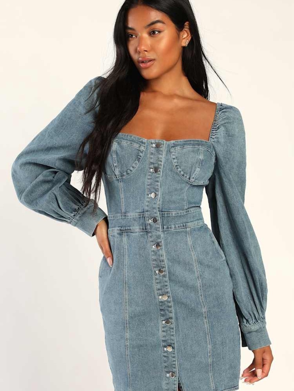 Emory Park Trending Sweet Blue Denim Balloon Sleeve Mini Dress Pockets Small
